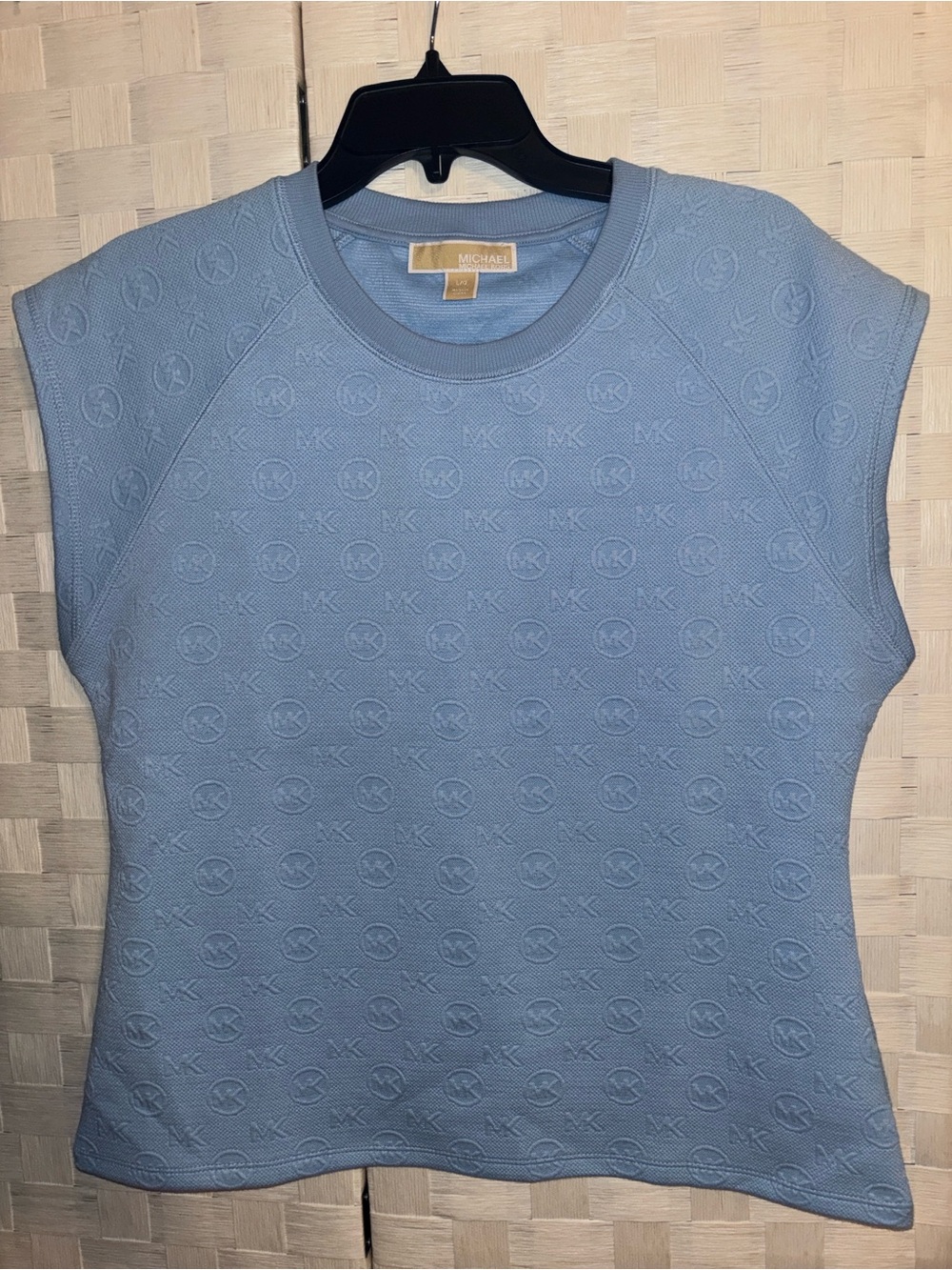Michael Kors Light Blue Logo-Textured Cap Sleeve Top